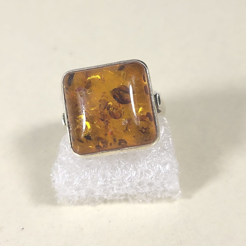 Vintage Sterling Silver Baltic Amber Square Statement Ring Size 6 Honey Cognac